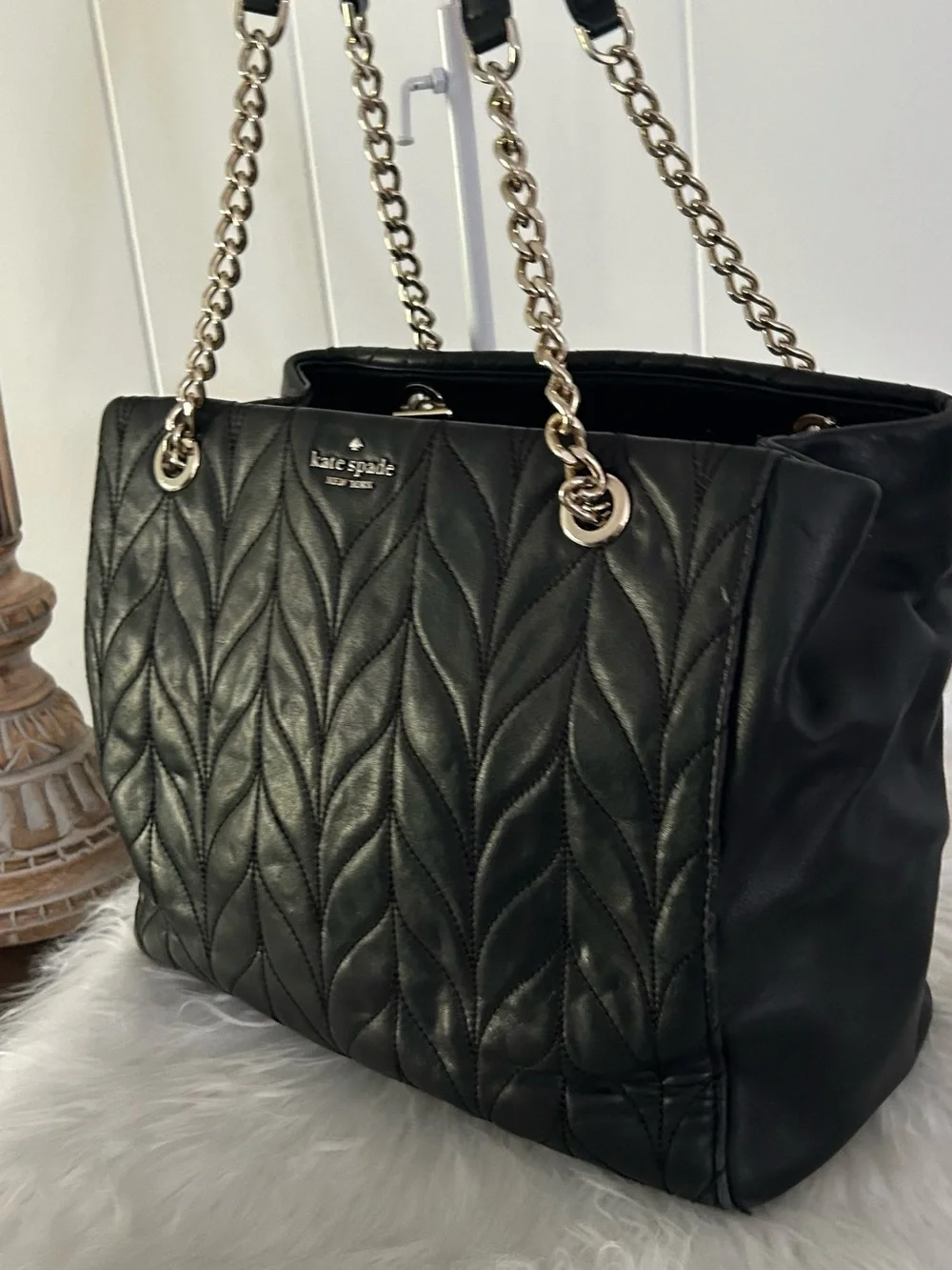 Kate Spade Black Quilted Leather Chain Shoulder Tote Bag Work Laptop bag